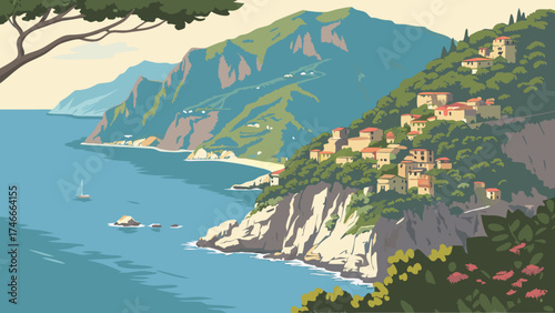 Coastal Village Landscape Mediterranean Sea Cliffs and Houses Illustration.