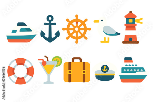 Nautical, marine flat icon set. sailing, ocean adventure graphics flat collection