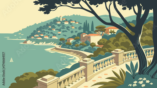 Coastal Village Landscape Mediterranean Sea View Scenic Vista Summer Vacation Travel Poster Design.