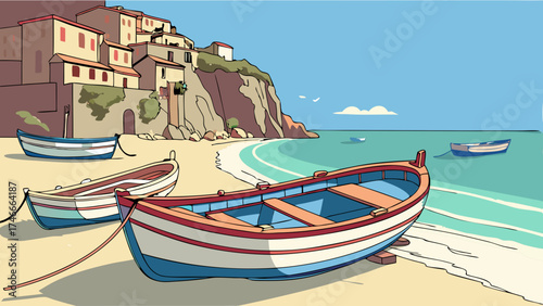 Coastal Village Scene with Boats on Sandy Beach Summer Vacation Illustration.