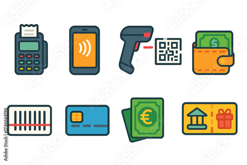 Payment and finance flat icon set featuring cards, wallets, scanners, and transactions