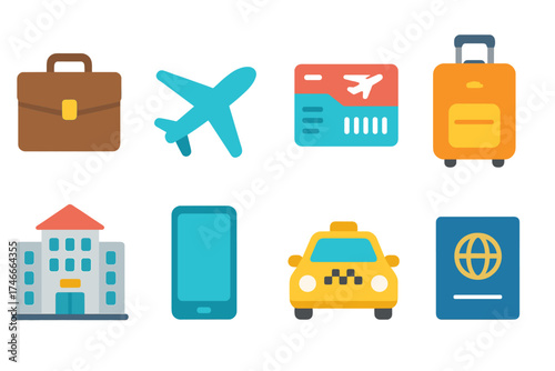 “travel and tourism flat icon set. vacation, transportation, accommodation collection”