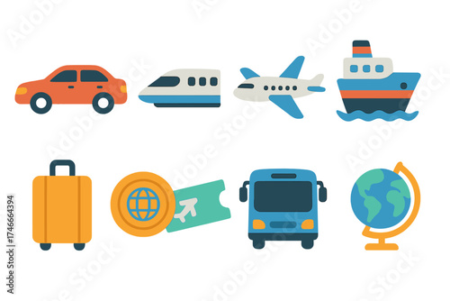Transportation and travel flat icon set. vehicles, travel essentials icons collection.