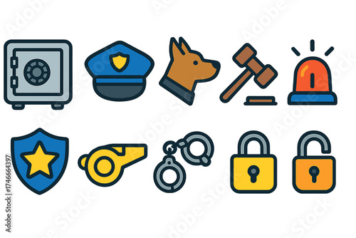 Security and law enforcement outline icon set for crime prevention and safety