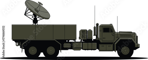 Military satellite communication truck, mobile command vehicle, tactical signal unit, radar dish transport, defense communication system, army truck 