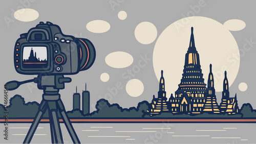 DSLR Camera on Tripod Photographing Illuminated Temple at Night.