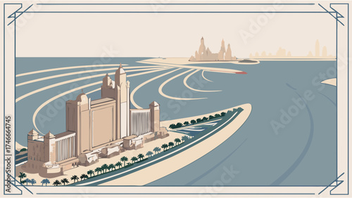 Aerial View of Luxury Resort and Cityscape Vintage Style Illustration.