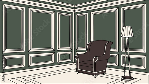 Elegant Armchair in a Room with Paneling and Floor Lamp.