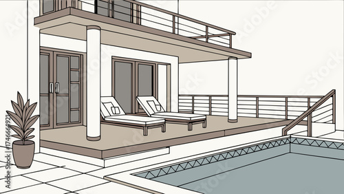Architectural Drawing of Modern House with Pool and Patio.