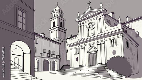 Architectural illustration of a church and town square.