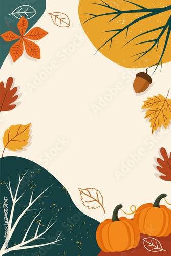 Vertical autumn composition with colorful leaves, pumpkins, acorns, branches and trees. Flat vector hand-drawn drawing, warm autumn palette. Perfect for invitations, postcards, web banners, posters, s
