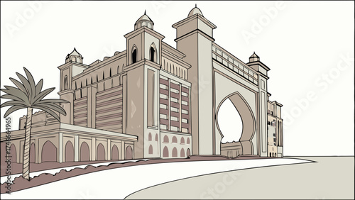 Architectural illustration of a grand building with a large arched gateway palm trees and landscaping.