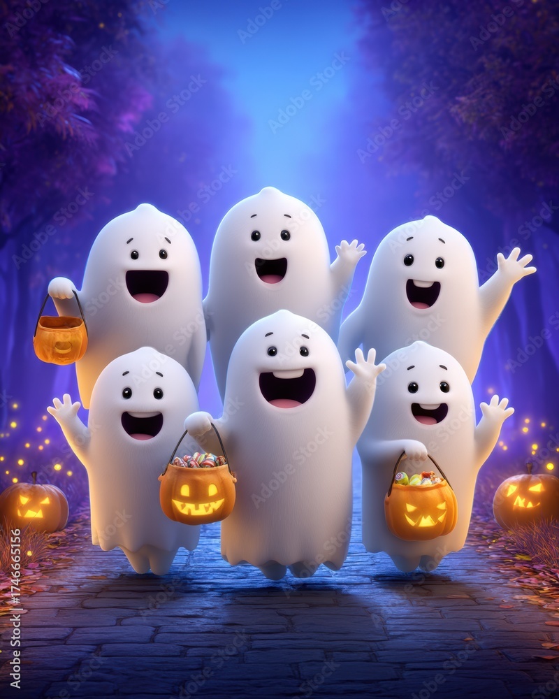 Obraz premium Cheerful Cartoon Ghosts Celebrating Halloween in Enchanted Forest