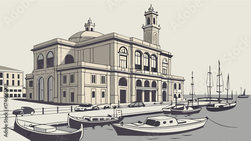 European Style Waterfront Building Boats and Cars Illustration.