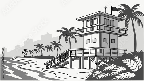 Beach Lifeguard Tower Tropical Coastline Illustration Black and White Design.