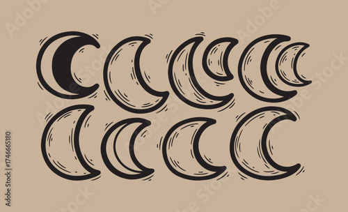 Hand drawn crescent moon phases illustration on textured background