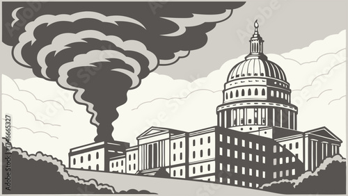 Government Building with Smoke Plume Political Illustration Black and White Capitol Dome Symbolic Image Vector Art.