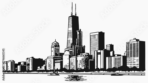 Black and white city skyline illustration urban landscape skyscraper architecture buildings downtown cityscape metropolis modern city urban design vector art graphic design illustrati.
