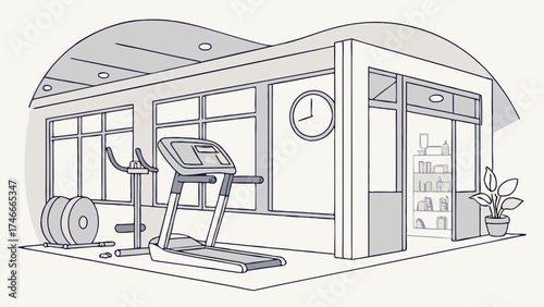 Gym Interior Design Treadmill Weights Fitness Center Workout Room Exercise Equipment Health and Wellness Modern Gym Interior Illustration Line Art Minimalist Design Simple Gym Gym Ill.