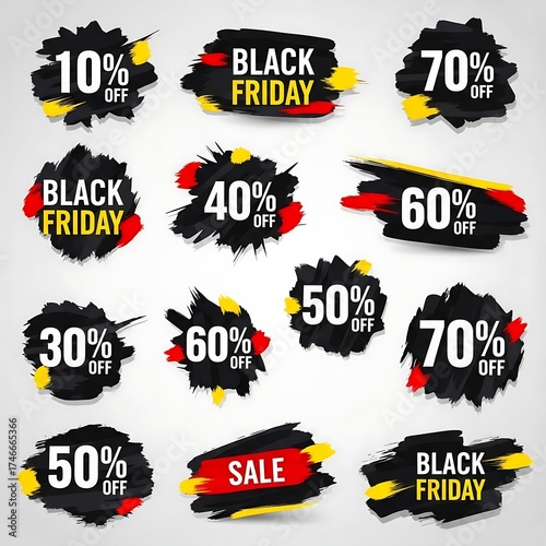 Collection of black friday sale discount tags with paint splatter effect