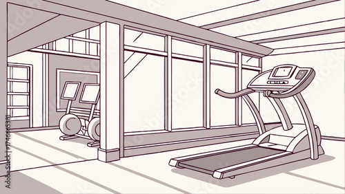 Gym interior with treadmill and exercise equipment modern fitness center design illustration workout room sketch healthy lifestyle concept home gym illustration.