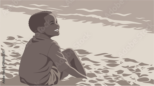 Happy child by the sea summer illustration stylized vector art.