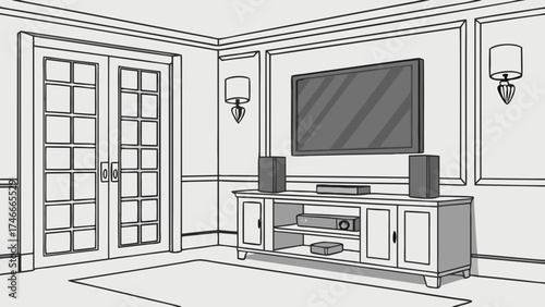 Home Theater Setup Media Console Design Flat Screen TV Audio Speakers Interior Design Illustration.
