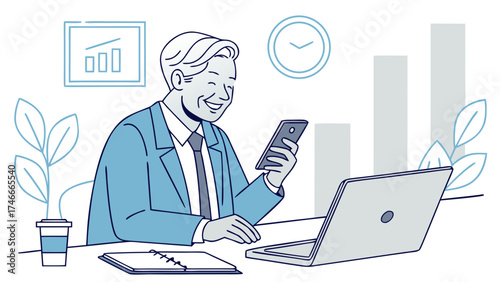 Illustration of a smiling businessman at a desk with a laptop and phone in an office setting