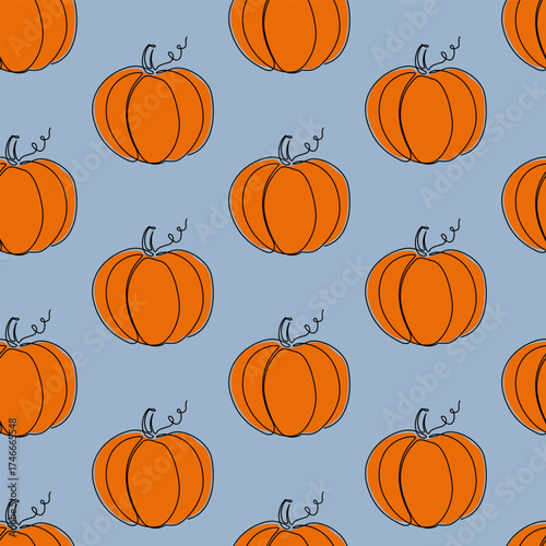 Pumpkin seamless pattern on a blue background. Halloween or Thanksgiving color texture. Vector illustration decoration texture wallpaper with vegetable. Pattern with orange pumpkins in flat style.