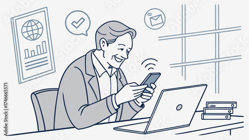 Smiling businessman using smartphone with laptop, chart, checkmark, and email icon in office setting