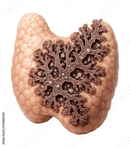 Thyroid papillary carcinoma featuring branching patterns and calcified bodies.