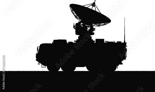 Military silhouette, satellite dish vehicle, communication system, radar technology, signal intelligence, mobile command unit, tactical equipment, black-and-white vector, defense asset, 
