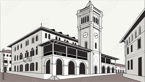 Illustration of a historical town square with clock tower european style architecture vintage drawing.