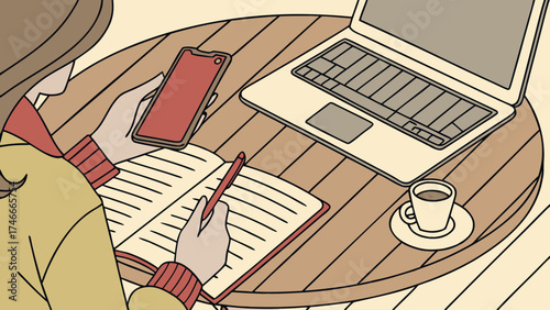 Person working at a round table with a laptop phone notebook pen and coffee cup in a cozy setting