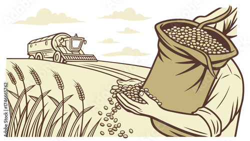 Illustration of a farmer holding a bag of seeds with a combine harvester in a wheat field far away