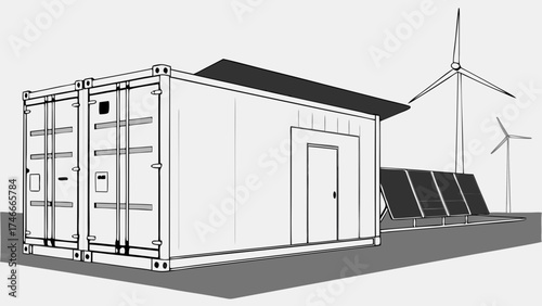 Illustration of a shipping container modified into a small building with solar panels and wind turbines for renewable energy.