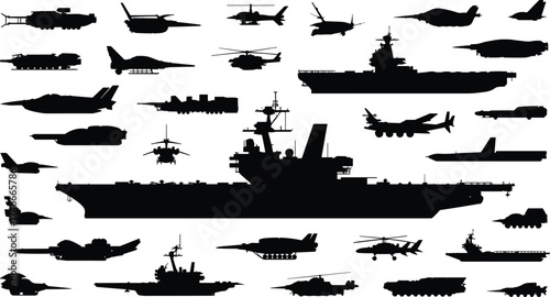 Military silhouettes, aircraft carrier, fighter jets, helicopters, tanks, submarines, transport vehicles, black and white, vector illustration, defense icons, minimal design, war equipment