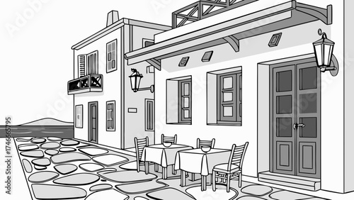 Cafe illustration restaurant exterior cobblestone street mediterranean style black and white drawing tables and chairs seaside town building facade architectural design travel illustrati.