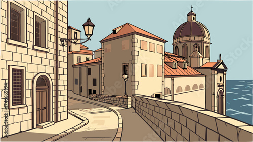 Charming Coastal Town Street Scene European Architecture Old Town Seaside Illustration Vintage Style Travel Poster Mediterranean Vacation Tourism Retro Cityscape Building Facades Cobb.
