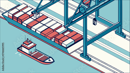 Cargo ship unloading containers at a dock isometric illustration.