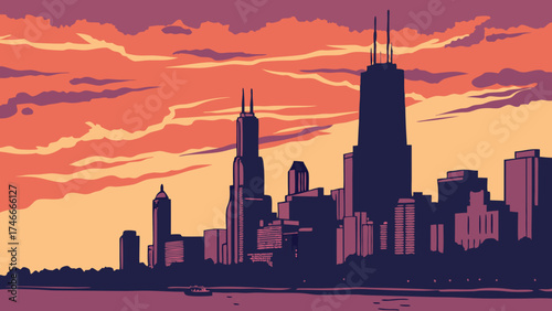 Cityscape Skyline Silhouette at Sunset Urban Landscape Modern Architecture Vector Illustration Dramatic Sky.