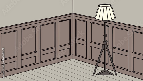 Interior design floor lamp wainscoting room corner home decor illustration vector graphic tripod lamp elegant lighting modern style contemporary design stylish home cozy atmosphere p.