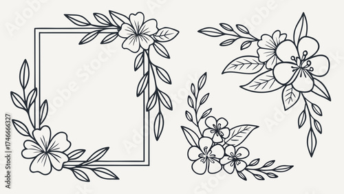 Floral frame with leaves and flowers in black outline and corner floral arrangements for decoration