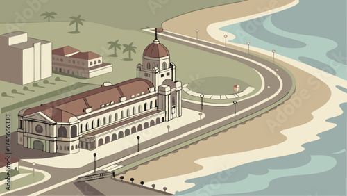 Coastal building seaside architecture ocean view illustration tropical design isometric drawing palm trees beach promenade vintage style architectural illustration summer vacation tra.