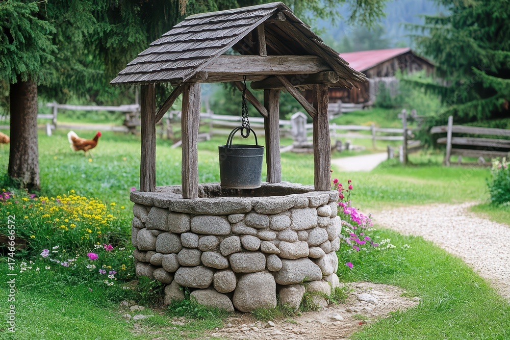 Fototapeta premium Rustic stone well with wooden roof and bucket in rural setting. Traditional water source in countryside farm. Natural landscape.