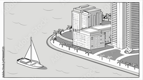 Isometric illustration of a sailboat near a waterfront cityscape with palm trees.