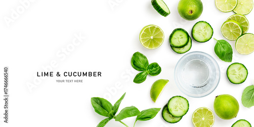 Fotografie Refreshing composition with lime, cucumber, basil and glass of water isolated on white background