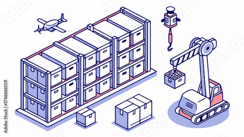 Isometric Illustration of Automated Warehouse with Drone and Robotic Crane.