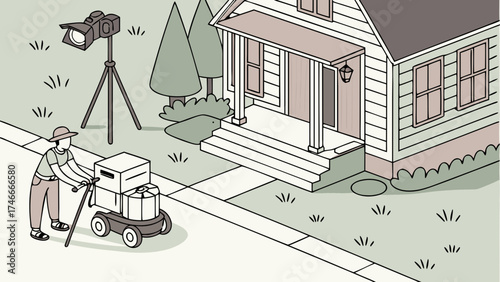 Isometric Illustration of Film Crew Preparing Equipment Outside a House.