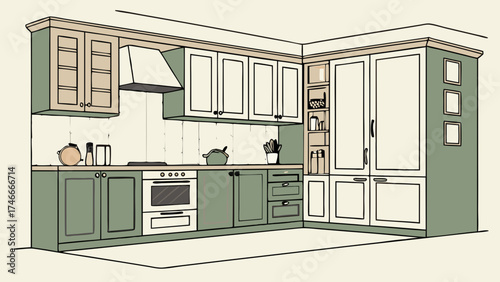 Kitchen Design Plan Green and Beige Cabinets Modern Kitchen Illustration Home Interior Sketch L-Shaped Kitchen Layout Appliance Placement Custom Kitchen Design Drawing Cabinetry Design Ho.